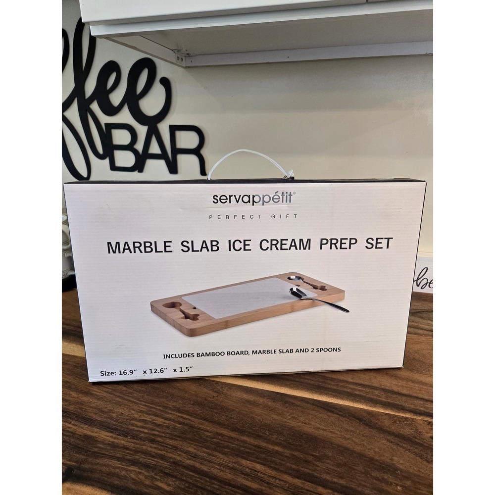 Servappetit Marble Slab Ice Cream Prep Set Bamboo Board with 2 Spoons NEW